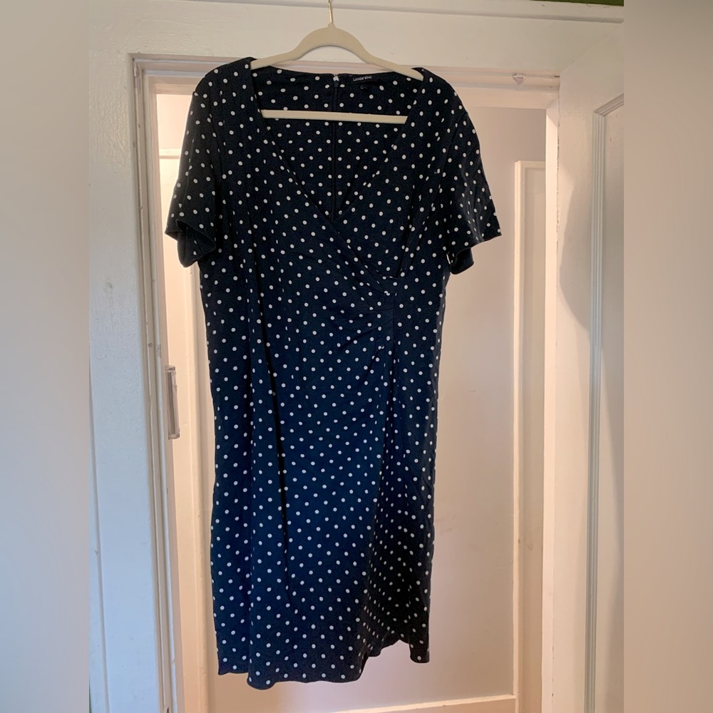 Lands End Short Sleeve Navy Blue Polka Dot Dress Ruched